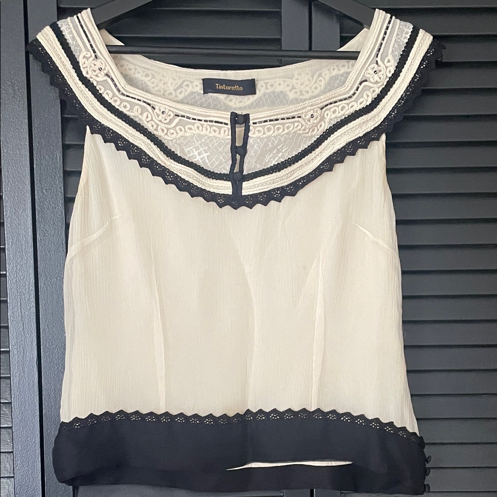 Cream And Black Lace Trim Blouse